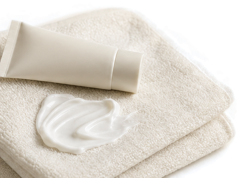 Unbranded moisturizer tube and cream on a folded towel.