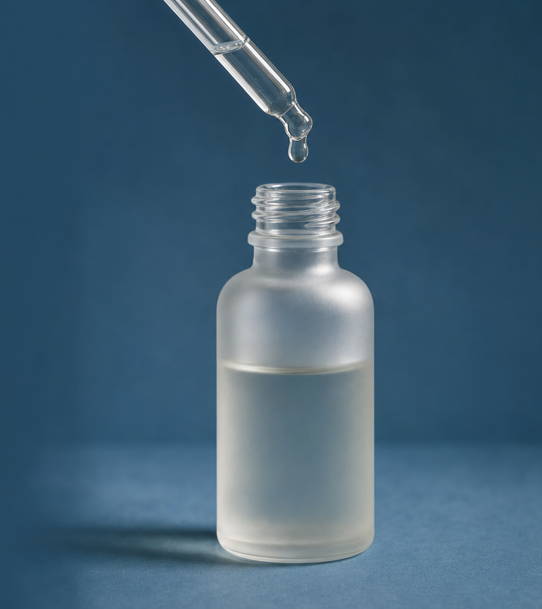 Glass dropper dispensing a serum bead above a frosted bottle.