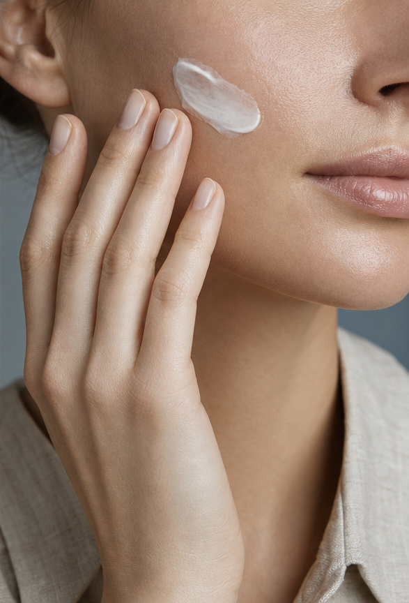 A close-up cheek, entire moisturizer dab, and applying fingers beside partially visible lips