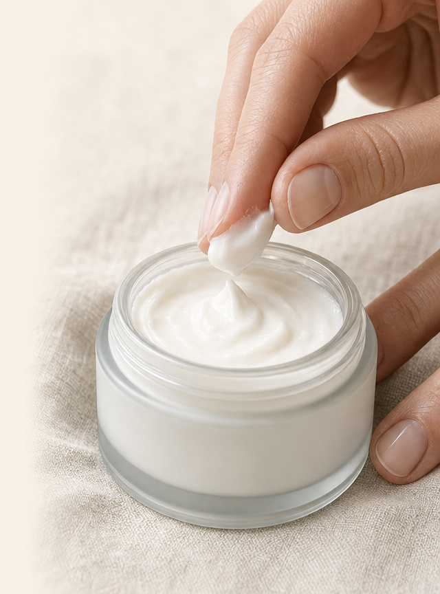 Fingers lifting cream from a complete open jar on neutral fabric