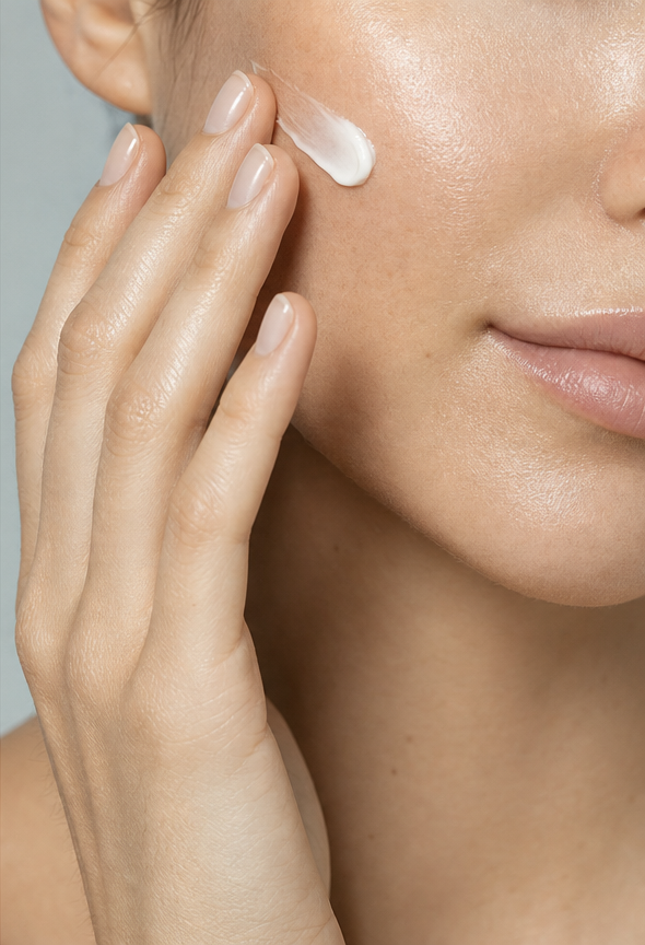 A hand applying a dab of moisturizer to a cheek, with the eyes outside the photograph