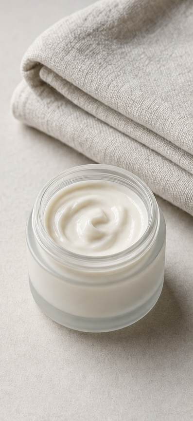 Folded neutral towels above a complete open jar of cream on a shared tabletop