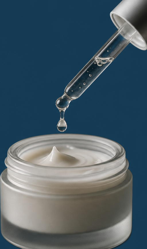 A diagonal serum pipette and hanging droplet above an open cream jar against a blue photographic backdrop