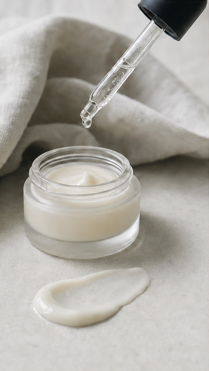 Serum dropper above an open jar of cream beside folded linen.