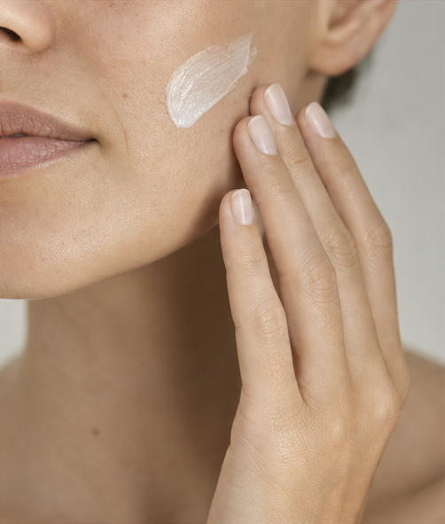 Moisturizer on a cheek, with fingertips gently touching the skin.