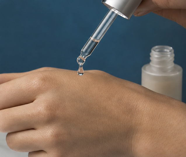 A serum dropper above the back of a hand beside an open bottle.