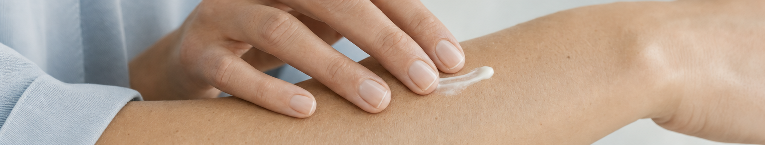 Fingertips working moisturizer onto a forearm.