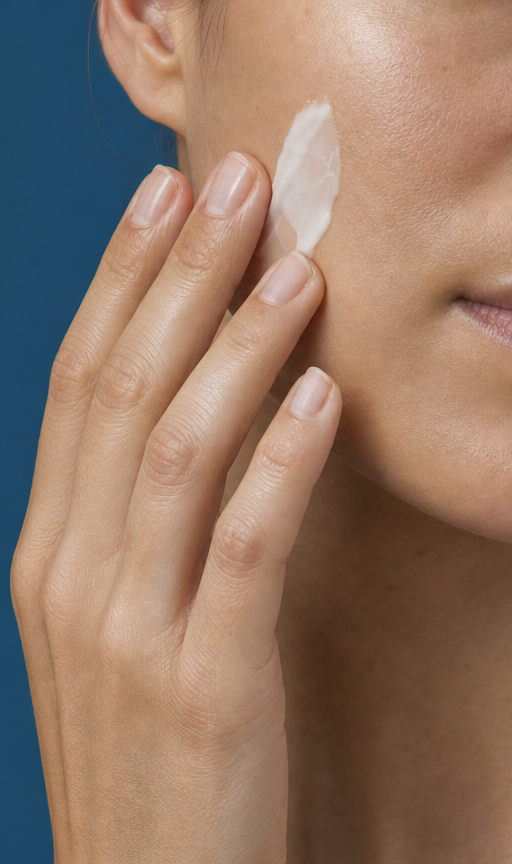 A hand applying moisturizer to a cheek, with the eyes outside the crop.