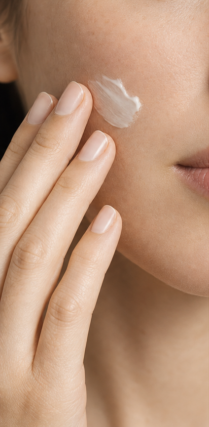 Fingertips applying moisturizer to a cheek beside partially visible lips